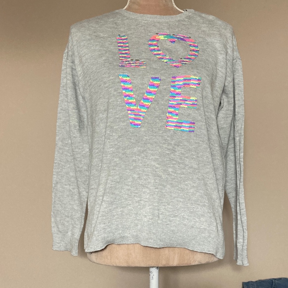 ⭐️⭐️ Children’s Place - Gray “Love” sweater with sequins - size 14 (XS women)